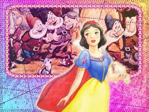 白雪公主與七個小矮人在色彩繽紛的插圖場景中。 — 白雪公主 壁紙