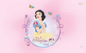 白雪公主在裝飾框架中，帶有鳥兒和文字「A Princess Wish」，粉紅色背景。 — 白雪公主 壁紙