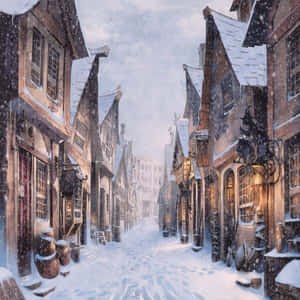 白雪覆蓋的中世紀街道，溫暖發光的窗戶和飄落的雪花。 — iPad Air 11 壁紙