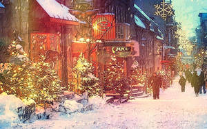白雪覆蓋的城市街道，閃亮的商店櫥窗，行人走在節日燈光下。 — 城市 壁紙