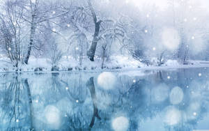 白雪覆蓋的樹木倒映在平靜的冬日河流中，雪花飄落。 — 酷寒冬季 壁紙