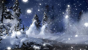 星空下白雪覆蓋的松樹，發光球體在飄落的雪中飄蕩。 — 冬季風景 壁紙