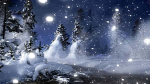 繁星點點的夜空下，白雪覆蓋的松樹，發光球體在飄落的雪中漂浮。 — 冬季美學 壁紙