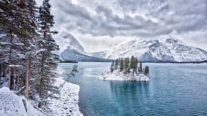 白雪覆蓋的松樹和小島在藍色湖泊中，背景是雪山。 — 冬季風景 壁紙