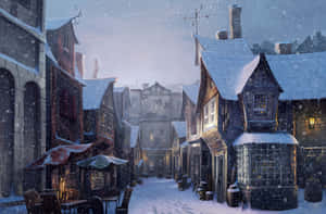 積雪的中世紀街道，夜晚窗戶發光，戶外擺放桌椅。 — 霍格華茲 GIF 壁紙