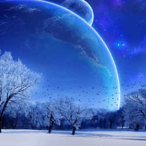 結霜的冬季樹木，下方是巨大的藍色行星和星空，鳥兒飛翔。 — 湖泊 壁紙