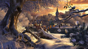 夕陽下的雪村，教堂和小屋溫暖地發光。 — 冬季風景 壁紙