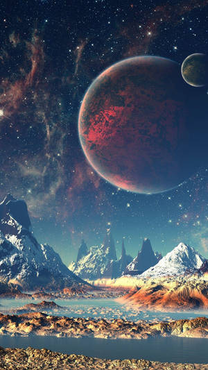 白雪覆蓋的外星山脈和湖泊，紅色行星和星空。 — 手機 壁紙