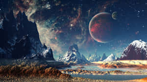 星空下，紅色行星和月亮在湖面上的外星雪山。 — 紫色夜空 壁紙