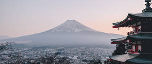 從傳統日本寶塔在黎明時分觀看白雪皚皚的富士山。