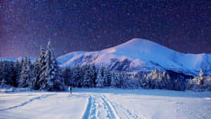 星空下，有雪松和滑雪道的雪山山脈。 — 冬季風景 壁紙