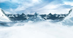 在藍天下，白雪皚皚的山脈聳立於雲層之上。 — 雪山 壁紙