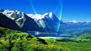 綠色山谷後方的雪山，帶有藍色數位球體和Windows Seven標誌。 — 復古90年代風格 壁紙