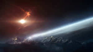 白雪覆蓋的山脈在發光的宇宙星雲和星爆之下，位於行星曲線之上。 — 花園 壁紙