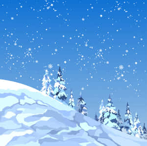 雪丘上的松樹，在繁星點點的冬日天空下，雪花飄落。 — 雪景 GIF 壁紙