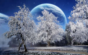星空下，背景中有一顆巨大的藍色行星的霜凍樹木。 — 冬季風景 壁紙