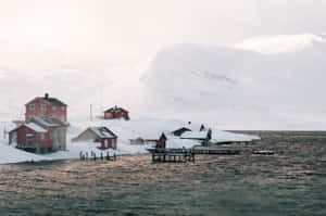 雪岸上的紅色小屋、碼頭和冬日薄霧中的山脈。 — 雪景 GIF 壁紙