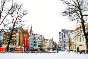 白雪覆蓋的城市廣場，擁有色彩繽紛的歷史建築和光禿禿的樹木。 — 冬季風景 壁紙
