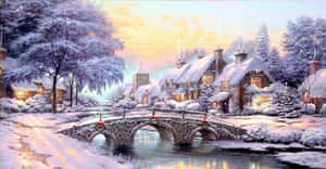 白雪覆蓋的村莊，石橋，暮色中閃爍的小屋。 — 冬季美學 壁紙