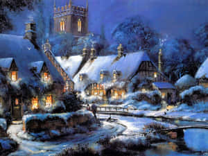 夜晚白雪覆蓋的村莊，發光的窗戶和教堂塔樓。 — 冬季風景 壁紙