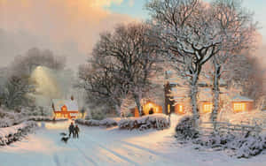 白雪覆蓋的村莊小屋溫暖地發光，人們帶著狗在黃昏時分沿著白雪覆蓋的小徑行走。 — 冬季房屋 壁紙