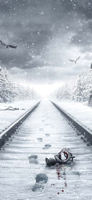 被雪覆蓋的鐵路，有腳印和一部沾有血跡的破損相機。 — iPhone 18 Pro 壁紙