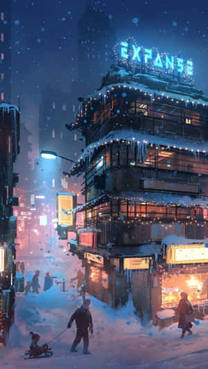 下雪的城市夜景，有發光的霓虹招牌和在雪中行走的人們。 — 城市 壁紙