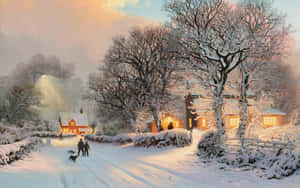 雪徑村莊，人們和狗在黃昏時分走向溫暖明亮的家園。 — 冬季風景 壁紙