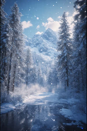 白雪覆蓋的松樹環繞著結冰的河流，藍天下薄霧升起。 — iPhone 4 壁紙