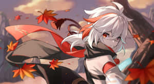白髮紅圍巾的動漫女孩在夕陽下被飄落的秋葉環繞。 — 電玩遊戲 GIF 壁紙