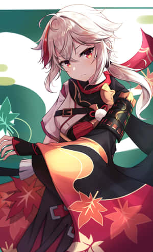 白髮紅眼動漫女孩穿著黑色和紅色的楓葉服裝。 — 電玩遊戲 GIF 壁紙