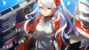 白髮紅眼動漫女孩穿著海軍制服站在戰艦零件中。 — 美麗的動畫 壁紙