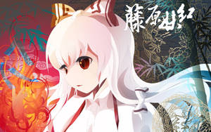 白髮紅眼動漫少女在帶有日文字樣的火焰神秘背景中。 — 可愛卡通 壁紙