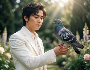 身穿白色西裝的男子在陽光花園中抱著鴿子，周圍有花朵。 — 王子 壁紙