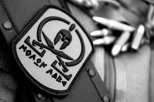 戰術裝備上 Molon Labe 布章的特寫，背景有子彈。 — 波斯王子 壁紙