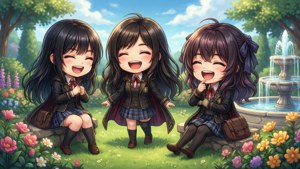 三個動畫女學生在花園裡笑著，旁邊有噴泉和色彩繽紛的花朵。 — 聖火降魔錄 風花雪月 壁紙
