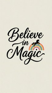 「Believe in Magic」文字與跳過彩虹的獨角獸。 — iPhone 7 Plus 壁紙