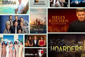 來自 Survivor、Queer Eye、Hell's Kitchen、The Bachelor 和 Hoarders 的演員陣容的真人秀電視節目海報。 — 電視 壁紙