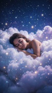 一位女性在星空下的雲朵上睡覺，伴隨著發光的光芒。 — 夢幻 GIF 壁紙
