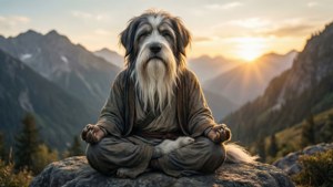 一隻穿著僧袍的狗在日落時分在山上冥想。 — 動漫狗 壁紙