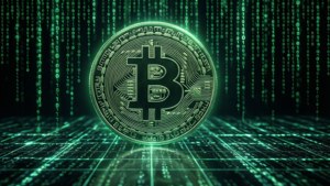發光的綠色比特幣硬幣漂浮在帶有落下二進制代碼的數字網格之上。 — 比特幣 GIF 壁紙