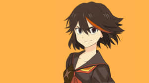 黑髮帶橙色挑染的動畫女孩穿著水手服，橙色背景。 — 殺戮魅影 壁紙