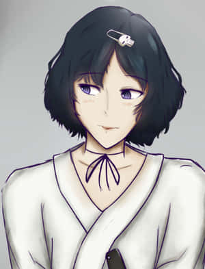短黑髮紫眼動漫女孩，身穿白色上衣搭配黑色蝴蝶結。 — Galaxy Z Fold 8 壁紙