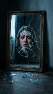破碎的鏡子顯示一個哭泣的女人的臉在黑暗的房間裡。 — 憂鬱 GIF 壁紙