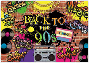 復古90年代塗鴉牆，配有手提音箱卡式錄音帶和金鏈。 — 復古90年代風格 壁紙