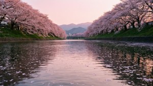 神川河畔櫻花在日出時分的美景