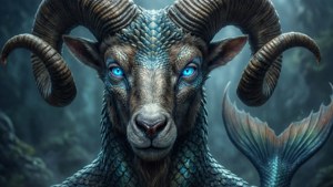 神話生物，長有公羊角和魚尾，在迷霧森林中 — 摩羯座 壁紙