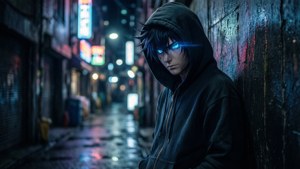 擁有發光藍色眼睛的動漫角色，在霓虹燈下靠著潮濕的小巷牆壁。 — 奇犽 壁紙