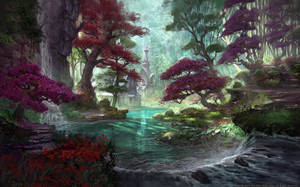 寧靜的奇幻森林，閃爍的水域和遠處的城堡。 — 上古卷軸 壁紙
