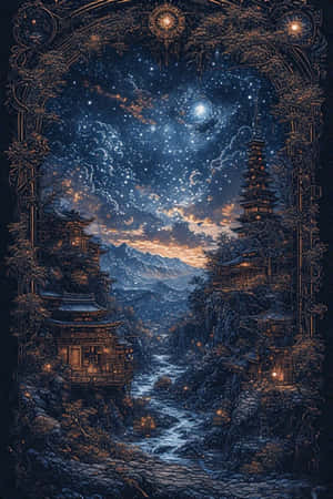 寶塔在河邊溫暖地發光，星空黃昏天空下由藤蔓框住。 — 洛米安傳奇 壁紙